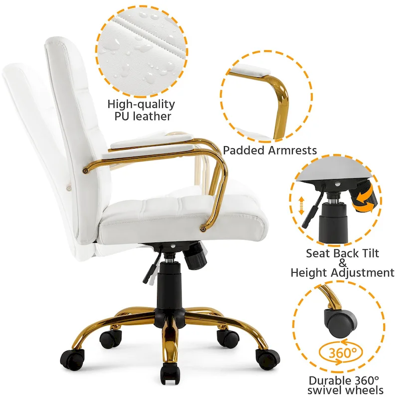 White Mid-Back PU Leather Office Chair with Gold Chrome Frame and Tilt Lock – Single User