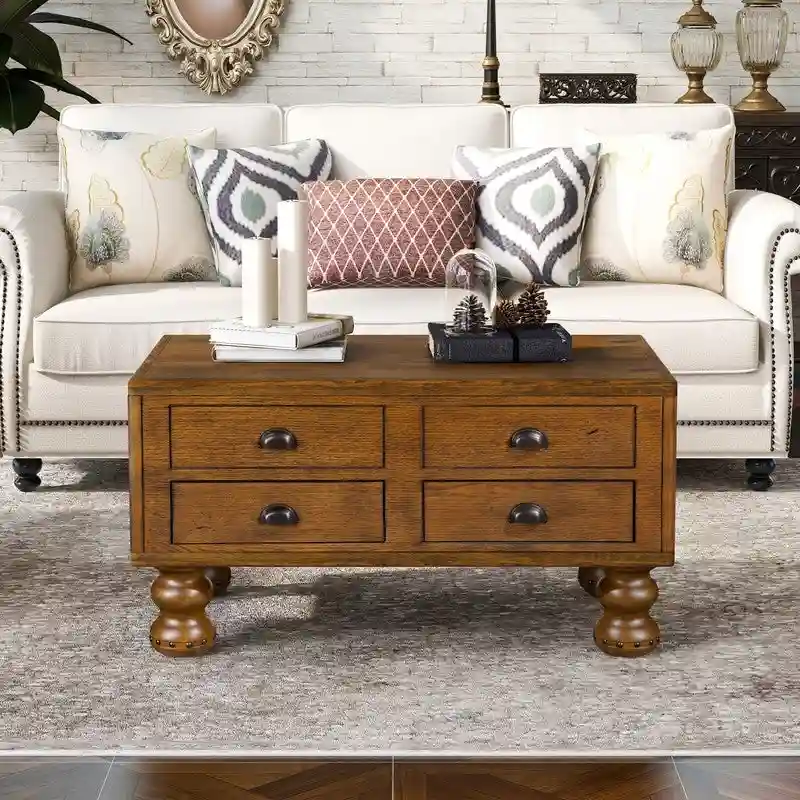 Rectangle Coffee Table, 4 Drawers, Pine Wood & MDF, Oak Veneer, Gourd Legs, 40