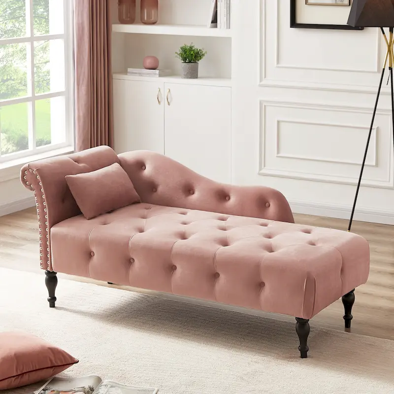 Modern 60.6 Velvet Upholstered Buttons Tufted Chaise Lounge Chair with Solid Wood Legs and Nailheads