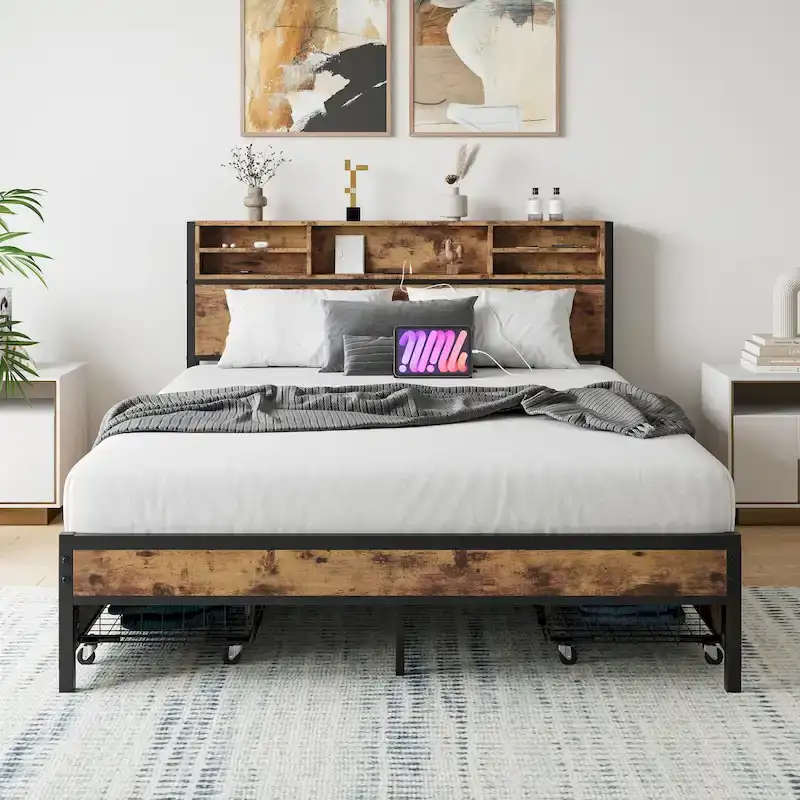 Queen Size Panel Bed with Storage Headboard Drawers