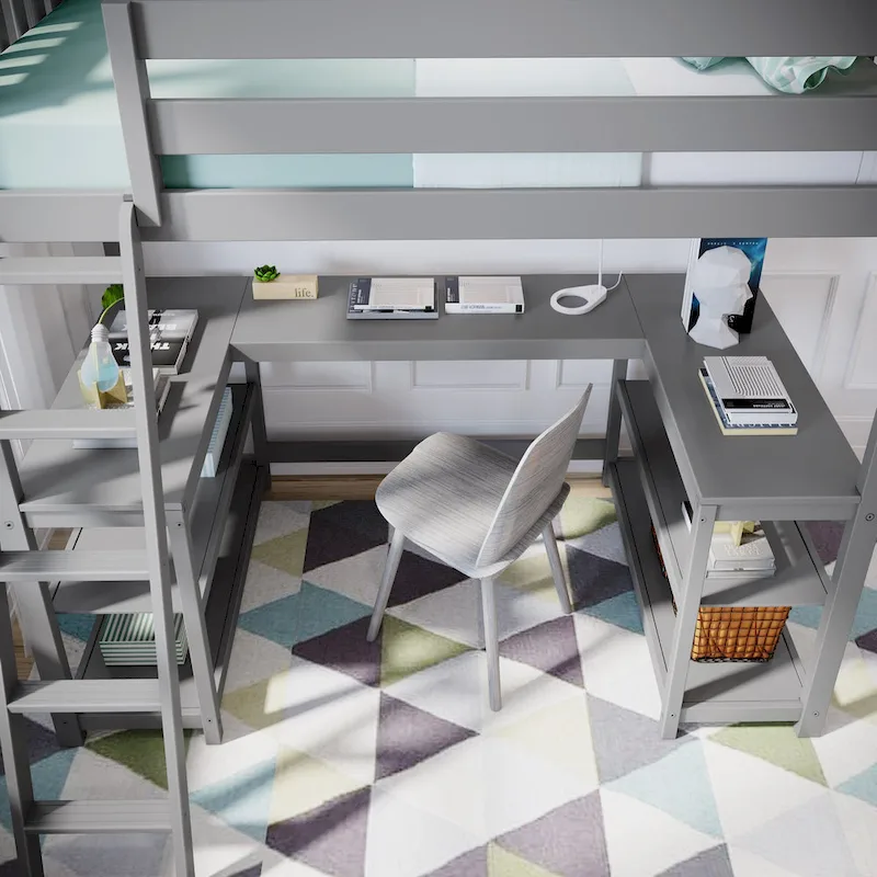Max and Lily Twin Size High Loft Bed with Wraparound Desk and Shelves