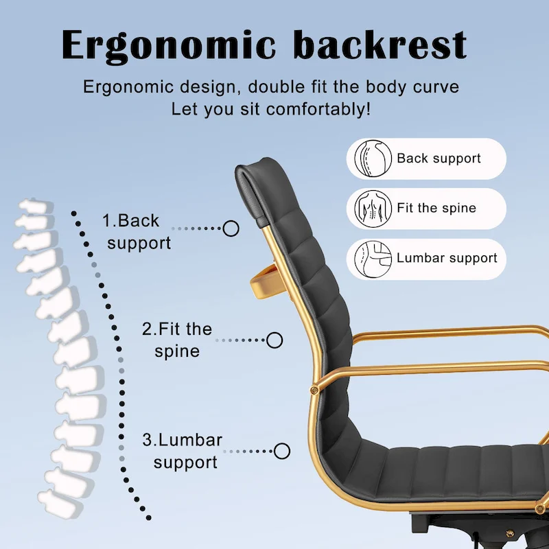 Ribbed Leatherite Office Chair with Chrome Frame, L-Shaped Arms and Swivel Base – Grey / White / Terracotta / Green / Brown / Black / Navy Blue / Gold & Navy Blue / Gold & Black / Gold & White, for 1 Person