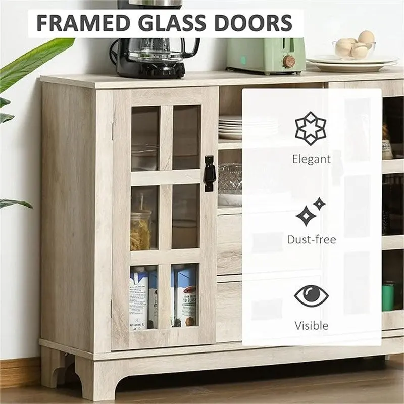 Grey / White / Walnut Sideboard Buffet Cabinet with Glass Doors & Adjustable Shelves