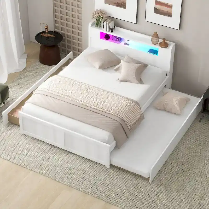 Queen Size Platform Bed with LED Lights & Trundle, Wood Storage Bed Frame with Headboard Shelf & 2 Drawers for Kids Teens Adults