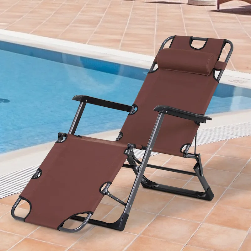 Outsunny 2-in-1 Patio Lounge Chair w/ Pillow, Outdoor Folding Sun Lounger Reclining to 120/180, Oxford Fabric, Brown