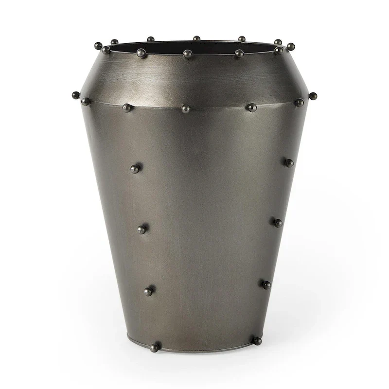 Elio 12.2H Large Gun Metal Gray Metal W/Studs Vase
