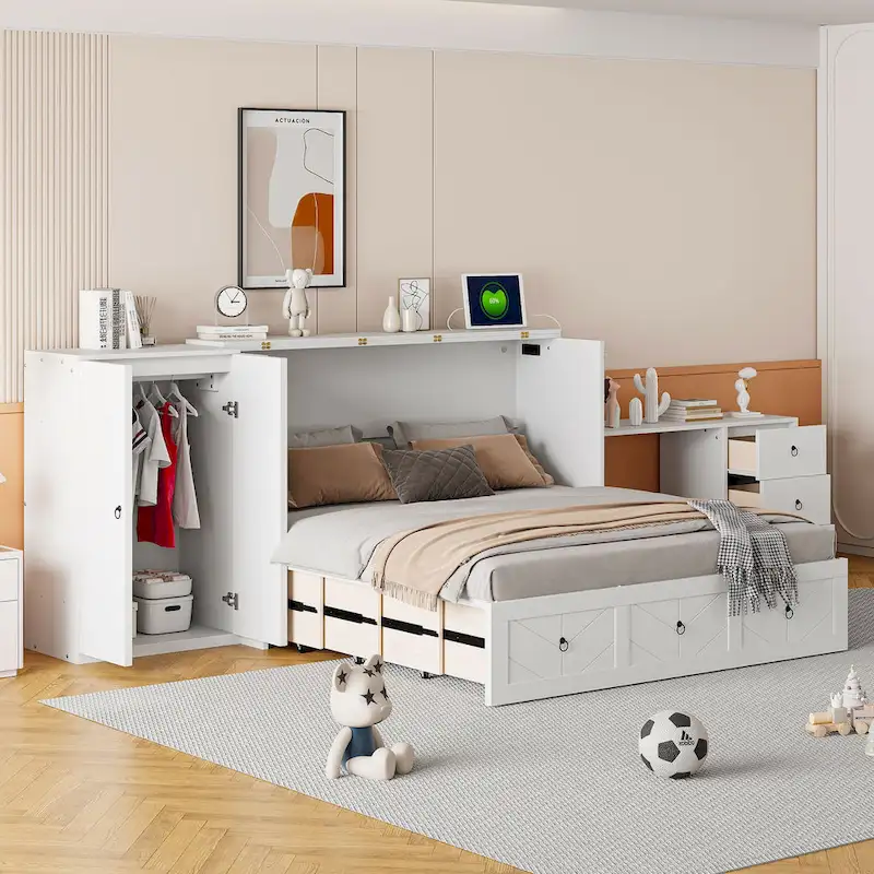 Queen Size Murphy Bed with USB Port, Large Drawer, and Wardrobe/Desk Combo
