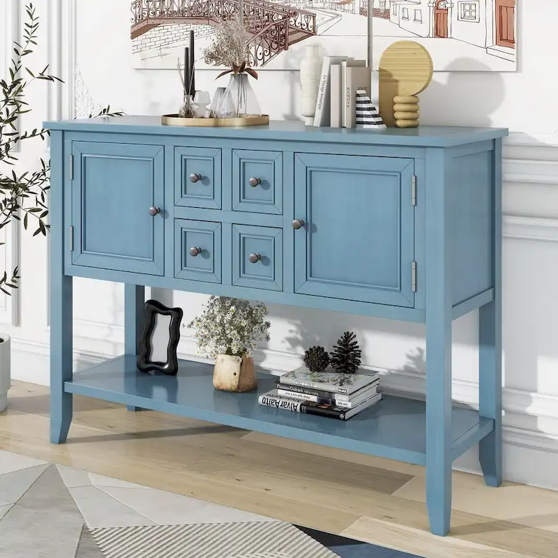 Dark Blue Distressed Acacia Wood Buffet Sideboard with 4 Drawers, 2 Cabinets & Bottom Shelf