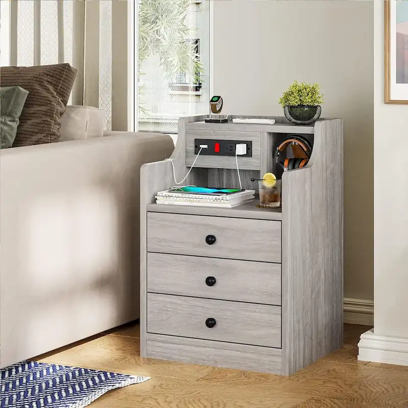 3-Drawer Nightstand with Built-in Charging Station and Open Shelf – White / Pink / Grey / Black, for 1 Person