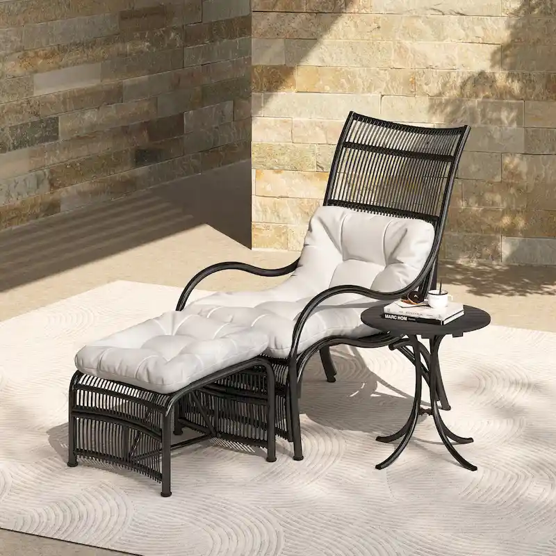 Roomfitters 3-Piece Wicker Patio Furniture Set with Lounge Chair, Ottoman, and Cushions for Garden or Deck