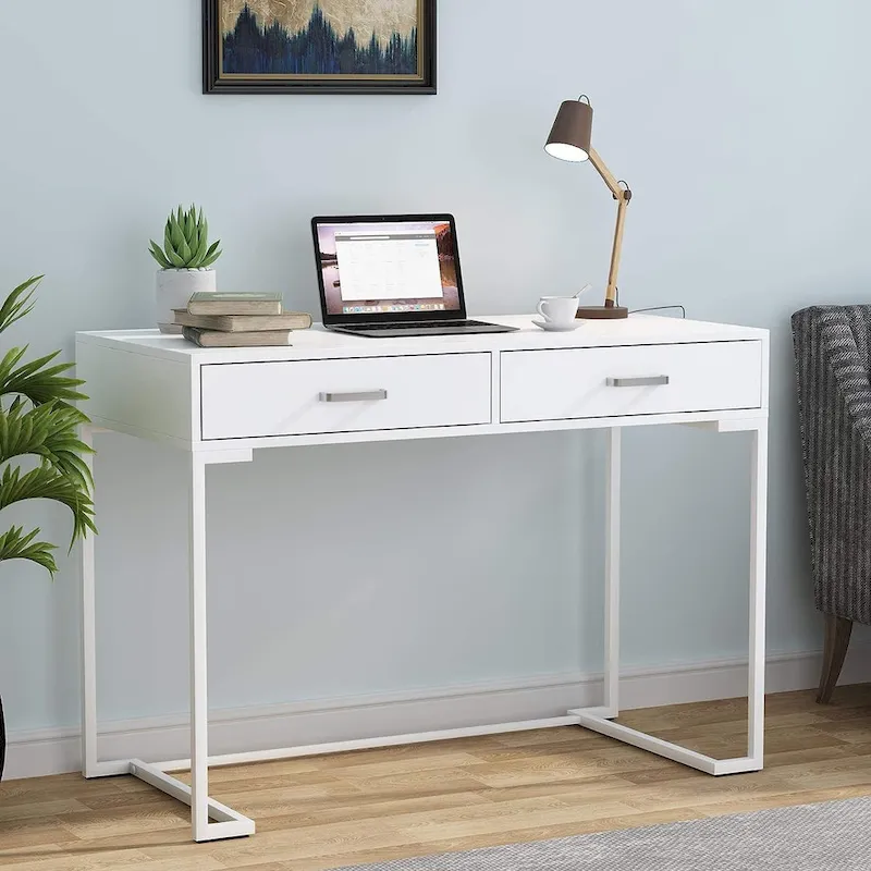 Small Desk with 2 Drawers, MDF Top & Gold Metal Frame, 39.37