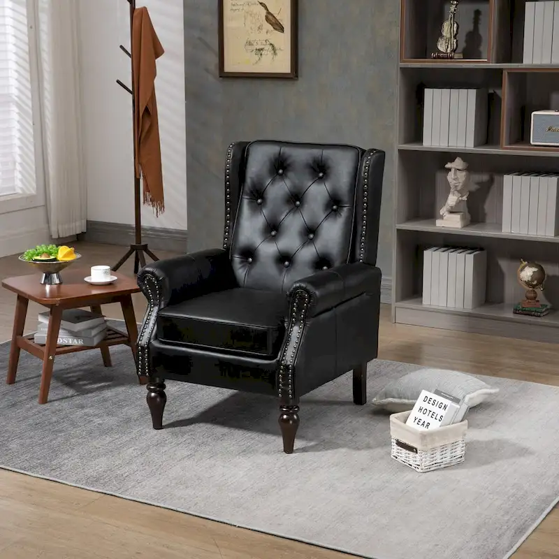 Upholstered PU Leather Accent Chair,Mid Century Button Tufted High Back Arm Chair with Armrest and Solid Wood Legs
