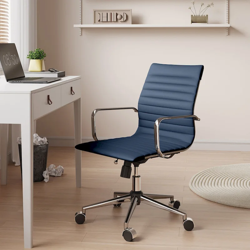 Ribbed Leatherite Office Chair with Chrome Frame, L-Shaped Arms and Swivel Base – Grey / White / Terracotta / Green / Brown / Black / Navy Blue / Gold & Navy Blue / Gold & Black / Gold & White, for 1 Person