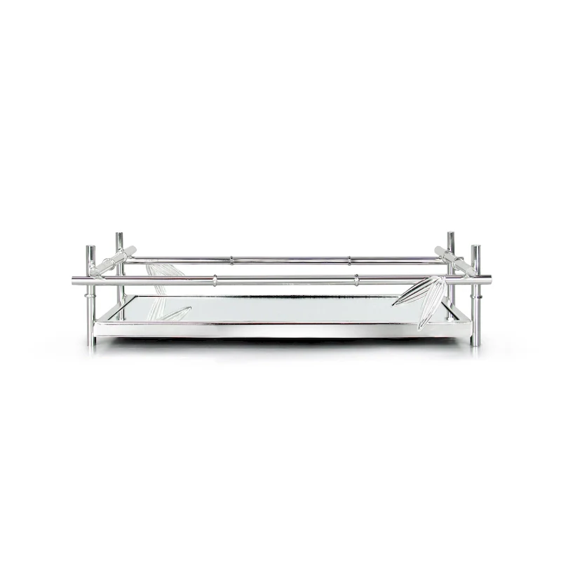 Silver Bamboo Style Rectangle Metal Mirror Decorative Tray Serving Platter