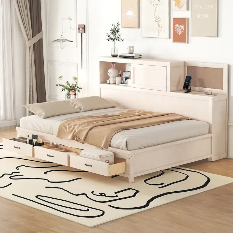 All-in-one Captains Bed Built-in Sockets and USB Ports Wooden Daybed with 3 Bottom Drawers and Pushable Top Storage Cabinet