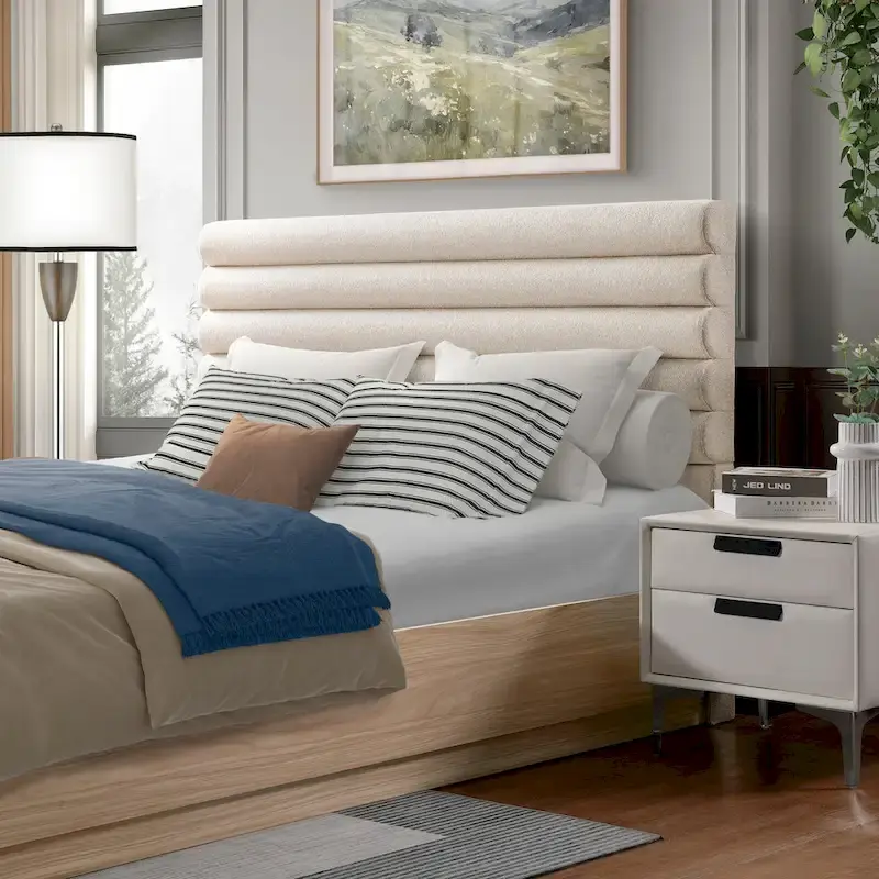 Queen Platform Bed Frame with Boucle Upholstered Headboard and Rubberwood Frame – Taupe / Natural, for 1–2 People