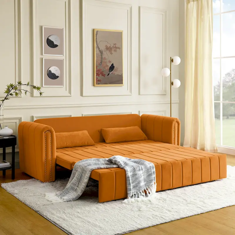 3 in 1 Pull-Out Sleeper Sofa Bed,Modern Convertible 3 Seats Lounge Futon Sofabed with Rolled Arms Decorated with Copper Nails