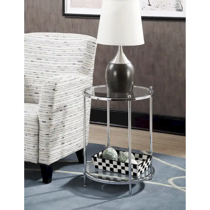 2-Tier Round Tempered Glass End Table, Chrome/Gold Frame, 18