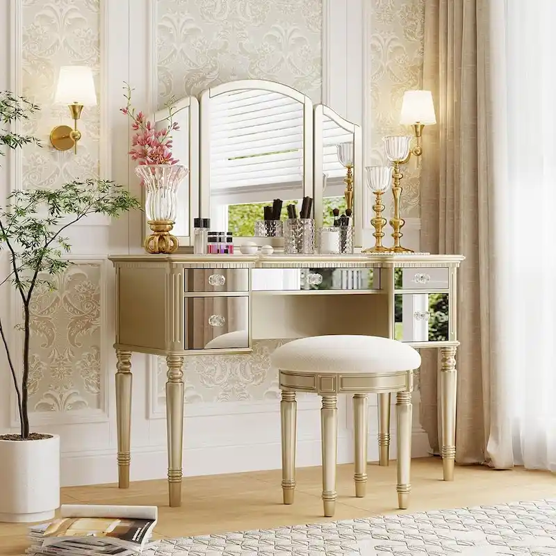 Roomfitters Makeup Vanity Table, 5 Drawers, Foldable Mirror, Stool Included