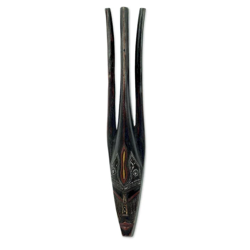 Handmade African Wood Bambara Woman Mask (Ghana) - 19  H x 3.3  W x 1.8  D
