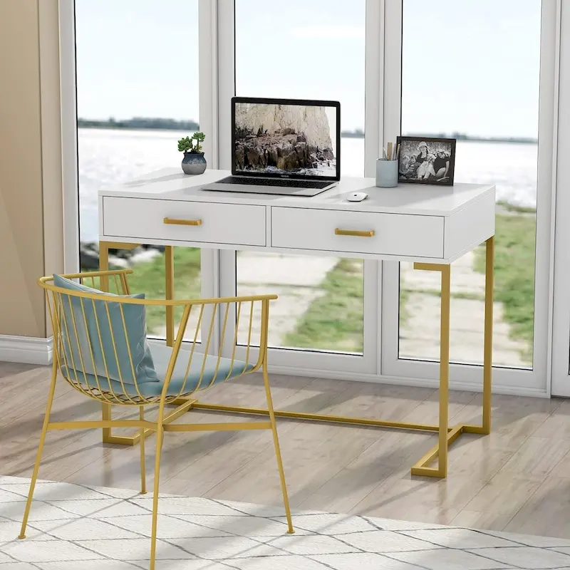 Small Desk with 2 Drawers, MDF Top & Gold Metal Frame, 39.37
