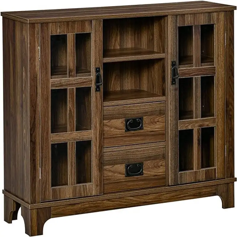 Grey / White / Walnut Sideboard Buffet Cabinet with Glass Doors & Adjustable Shelves