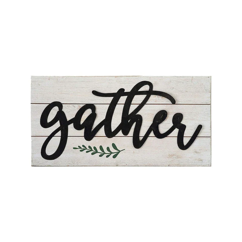Black Metal Cutout Words Gather on White Wood Plank for Wall