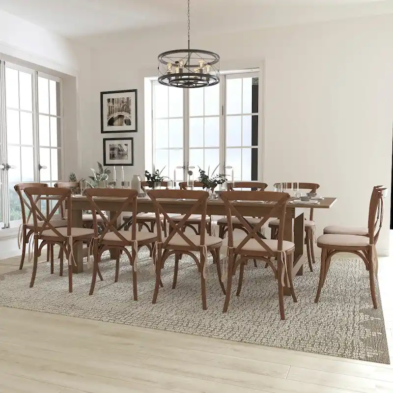 9' x 40 Rustic Folding Farm Table Set with 12 Cross Back Chairs and Cushions
