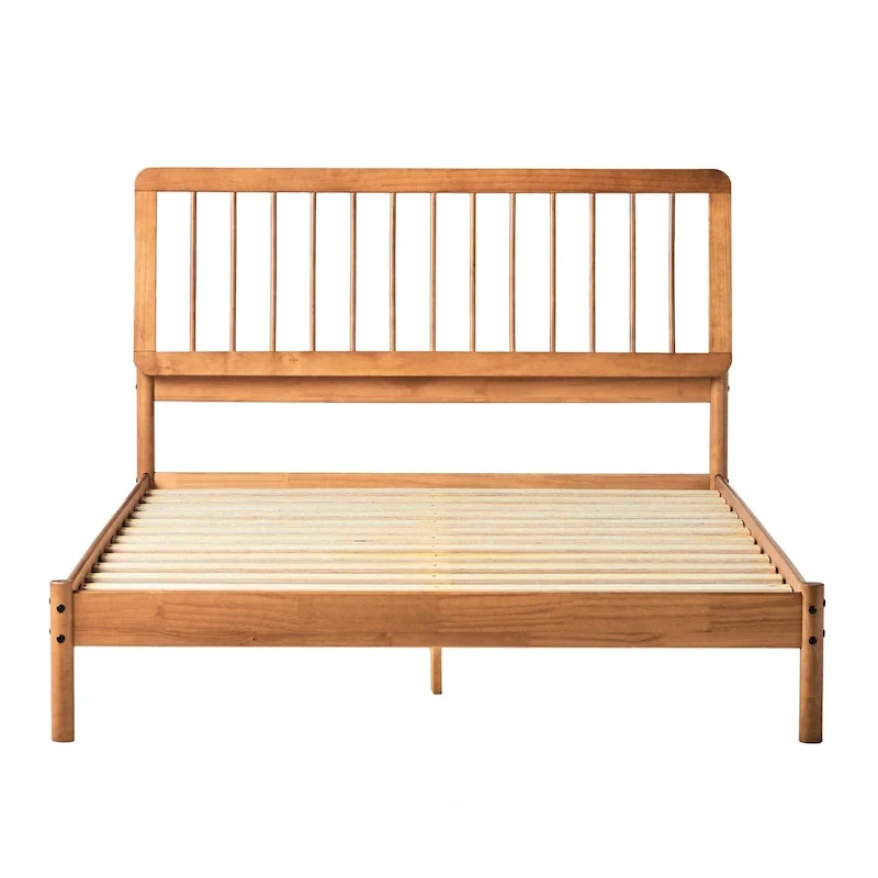 Queen Solid Wood Spindle Bed Frame with Pine Legs – Caramel / Natural Pine / Black, for 1–2 People
