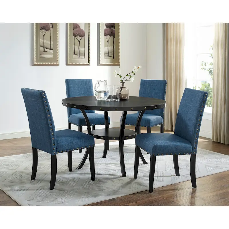 Mid-Century Modern Dining Table and Chair Sets Farmhouse Kitchen Dining Table Sets with Brass Nailheads and Metal Legs