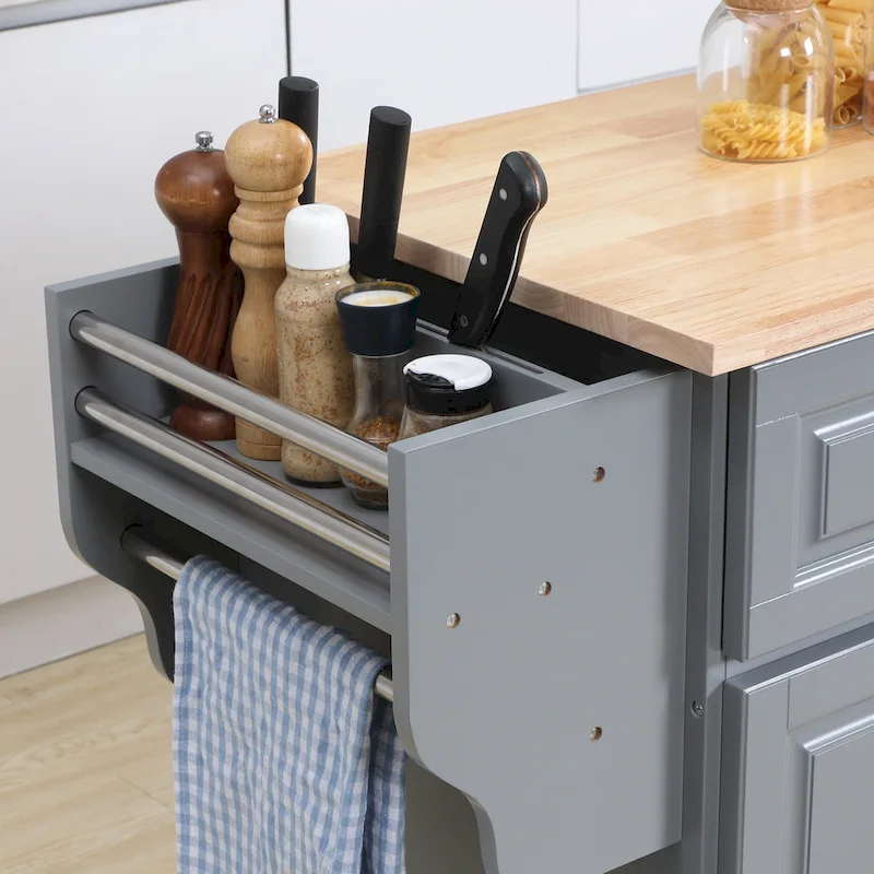 Rolling Kitchen Island, Drop-Leaf, Rubberwood Top, 2 Drawers & 2 Cabinets, 4 Wheels, 57.5