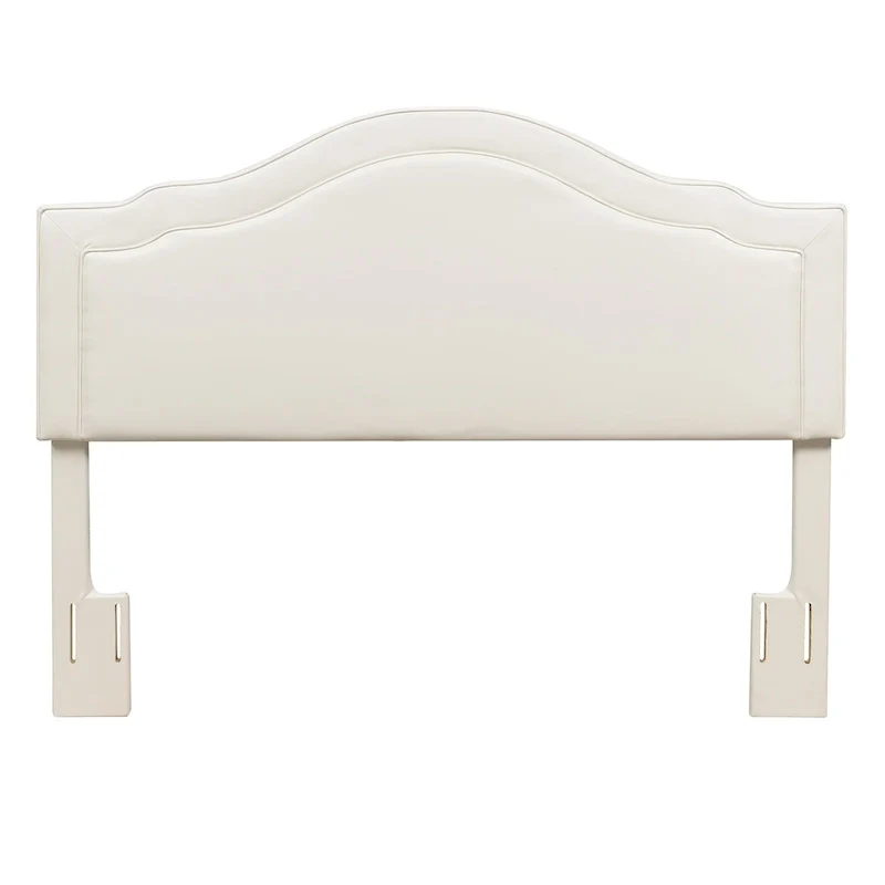 Queen Camelback Upholstered Headboard in Faux Leather with Adjustable Height Posts – Cream, for 1–2 People