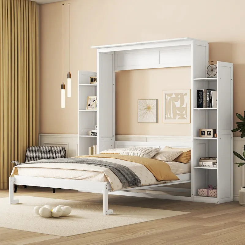 Nestfair Queen Size Murphy Bed Wall Bed with Shelves and LED Lights