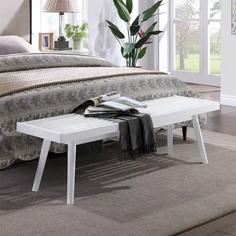 White Solid Wood Slatted Bench