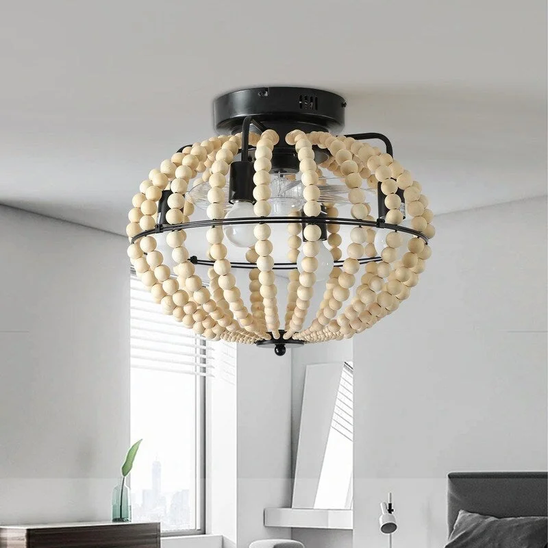Bohemian Wood Beaded Fulsh Mount Ceiling Fans Remote control for Living Room