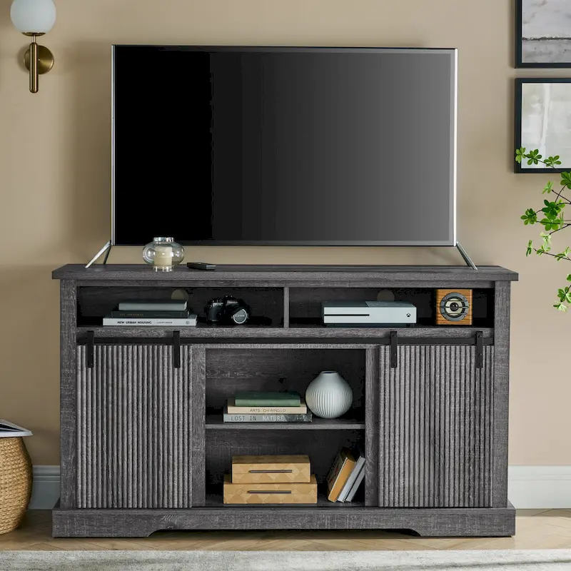 Rustic Sliding Barn Door TV Stand with Upper Lower Storage Shelf and Adjustable Shelves for Living Room