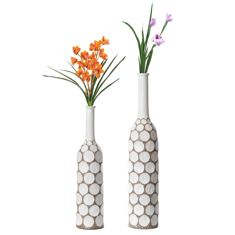 Decorative Contemporary Floor Vase White Carved Divot Bubble Design with Tall Neck