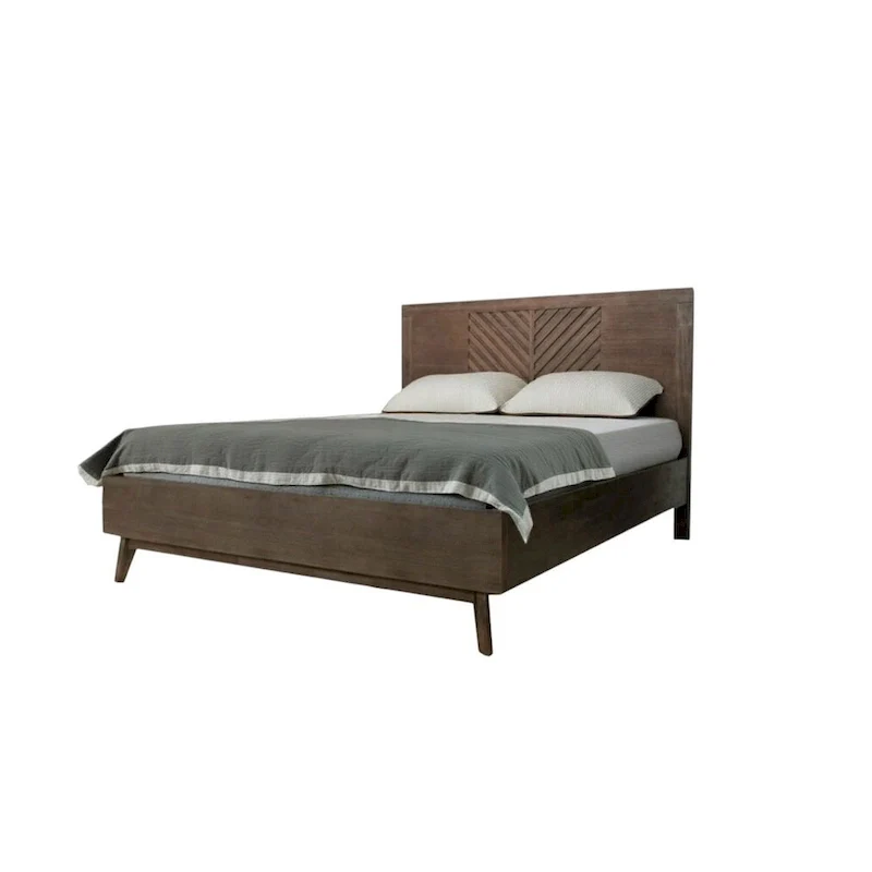 HomeRoots Brown Carved Geometric Solid Wood King Bed Frame