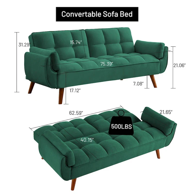 Convertible Futon Sofa Bed, Tufted Linen, Wood Legs, 3-Position Backrest, 500 lbs, Seats 2, Beige/Grey/Green/Yellow