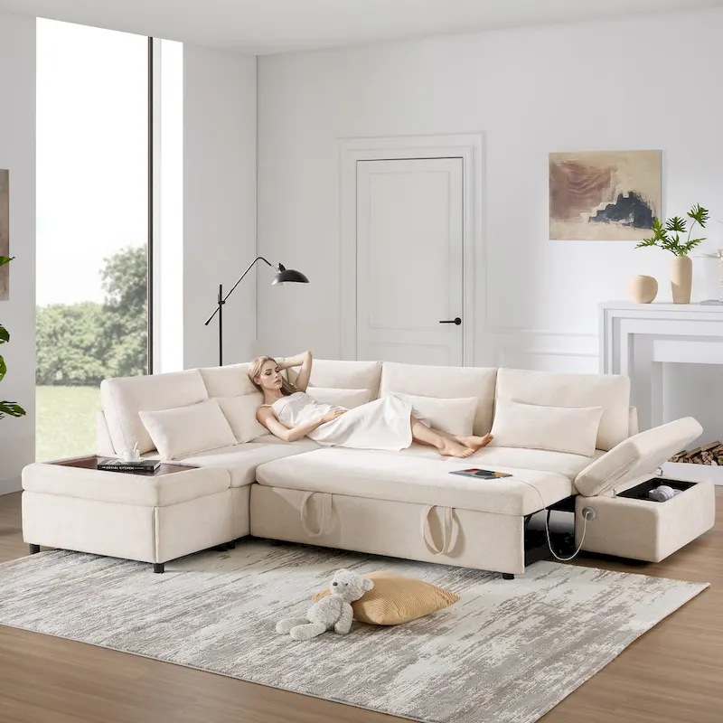Chenille Modular Sectional Sleeper Sofa Bed with Storage Ottoman