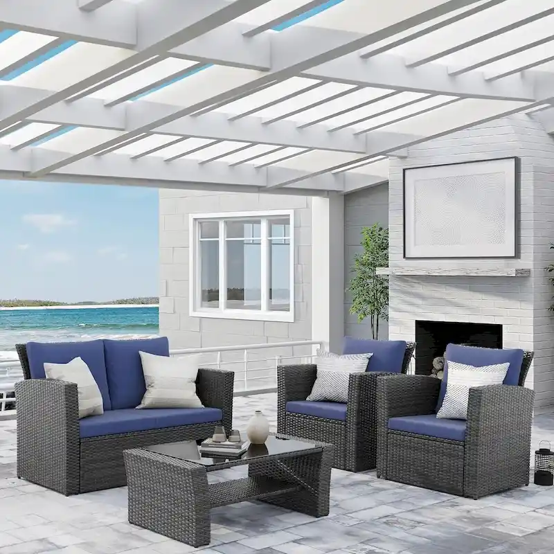 4 Piece Patio Wicker Furniture Set, Outdoor Rattan Sectional Sofa Set with Tempered Glass Coffee Table and Cushions