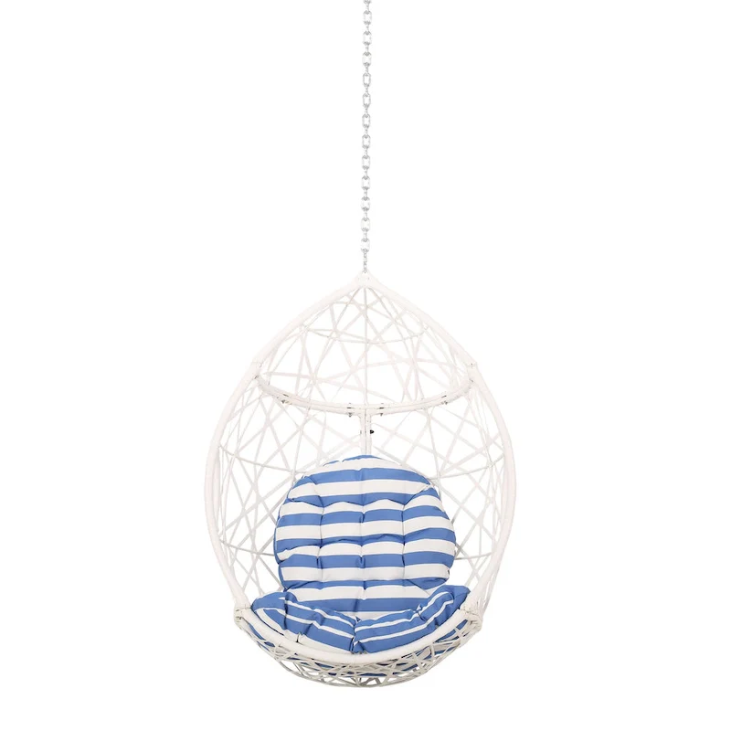Kiwi Hanging Basket Chair w Chain, Egg Shape, Rattan Weaving, White