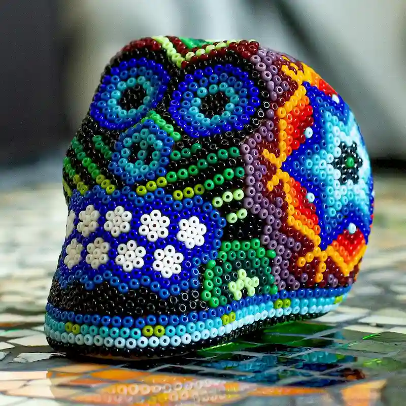Novica Handmade Huichol Star Huichol Beaded Papier Mache Skull
