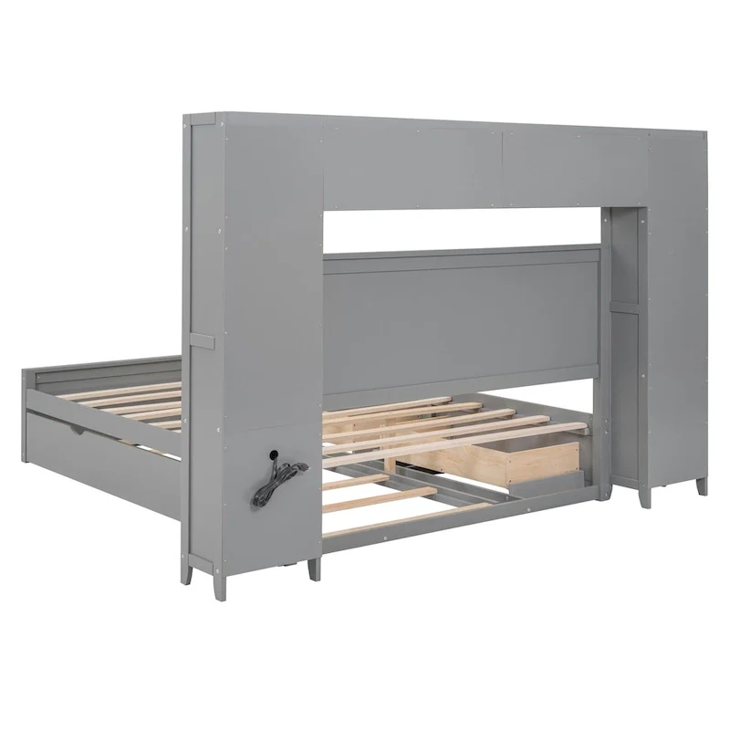 Modern Wooden Bed with Cabinet, Shelf, and Sockets