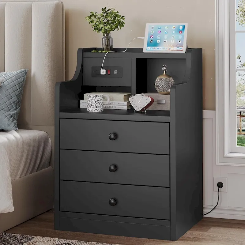 3-Drawer Nightstand with Built-in Charging Station and Open Shelf – White / Pink / Grey / Black, for 1 Person