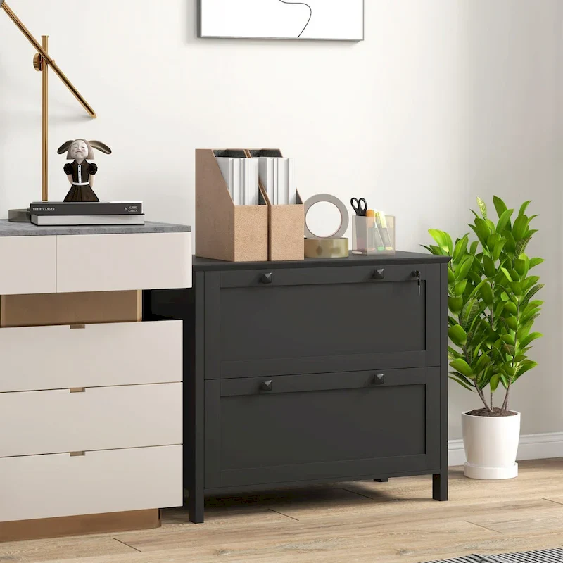 HOMCOM Lateral File Cabinet with 2 Drawers for Home Office, Filing Cabinet with Lock, Adjustable Hanging Bar for Letter, A4