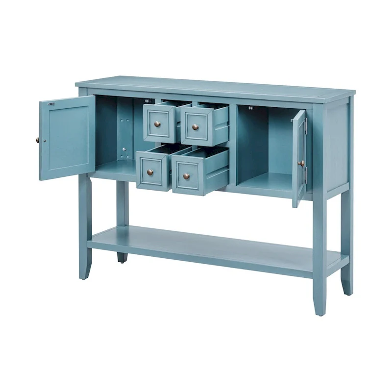 Dark Blue Distressed Acacia Wood Buffet Sideboard with 4 Drawers, 2 Cabinets & Bottom Shelf