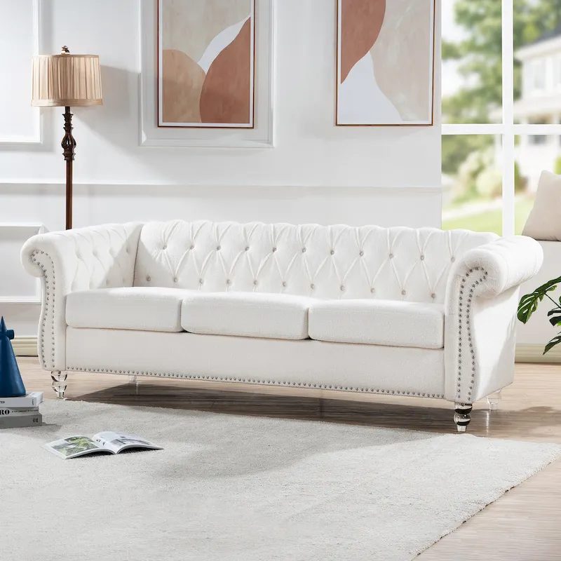 3-Seater Sofa, Button-Tufted, Rolled Arms, Nailhead Trim, Low Back, Upholstered, Seats 3, White