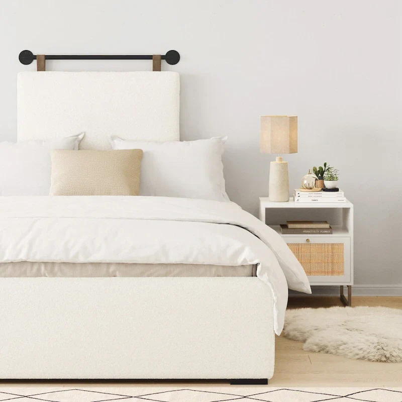 Charlie Wall Mount Boucle Upholstered Padded Headboard, Adjustable Height with Metal Rail