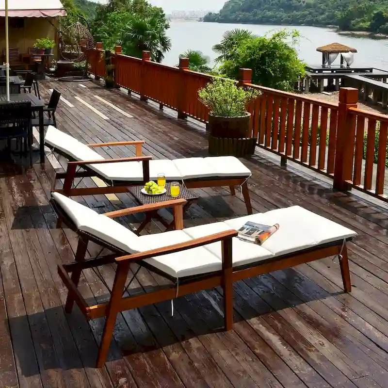 Costway 3PCS Patio Rattan Lounge Chair Folding Table Set Chaise Wood